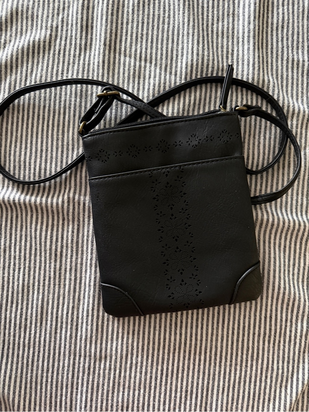 Black Laser-Cut Crossbody Bag with Adjustable Strap